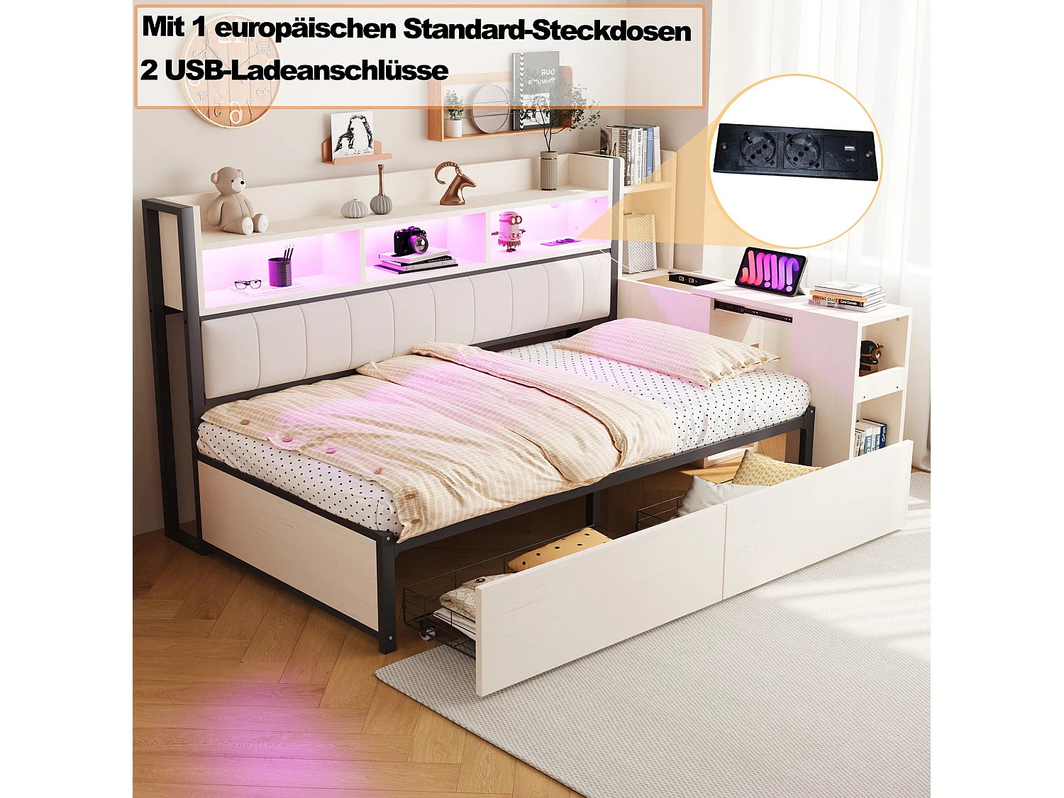 Sofá cama blanco de 90x200 cm con iluminación LED, múltiples compartimentos de almacenaje, cajones, enchufes multifunción y escritorio plegable