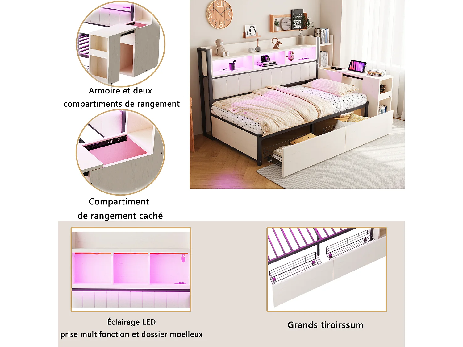 Sofá cama blanco de 90x200 cm con iluminación LED, múltiples compartimentos de almacenaje, cajones, enchufes multifunción y escritorio plegable