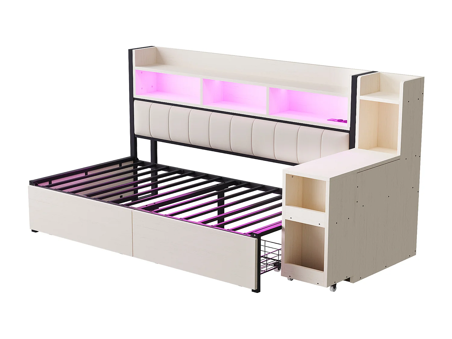 Sofá cama blanco de 90x200 cm con iluminación LED, múltiples compartimentos de almacenaje, cajones, enchufes multifunción y escritorio plegable