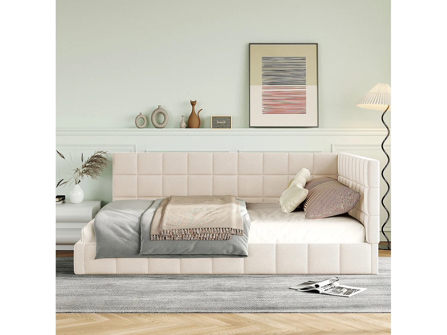 Sofá-cama 140x200 cm em veludo bege, com estrado de ripas – conversível, macio e moderno, ideal para adolescentes e adultos