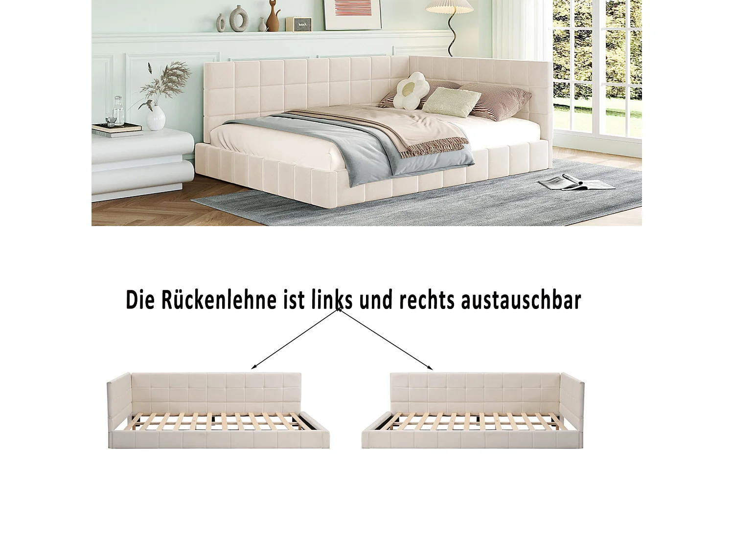 Sofá-cama 140x200 cm em veludo bege, com estrado de ripas – conversível, macio e moderno, ideal para adolescentes e adultos