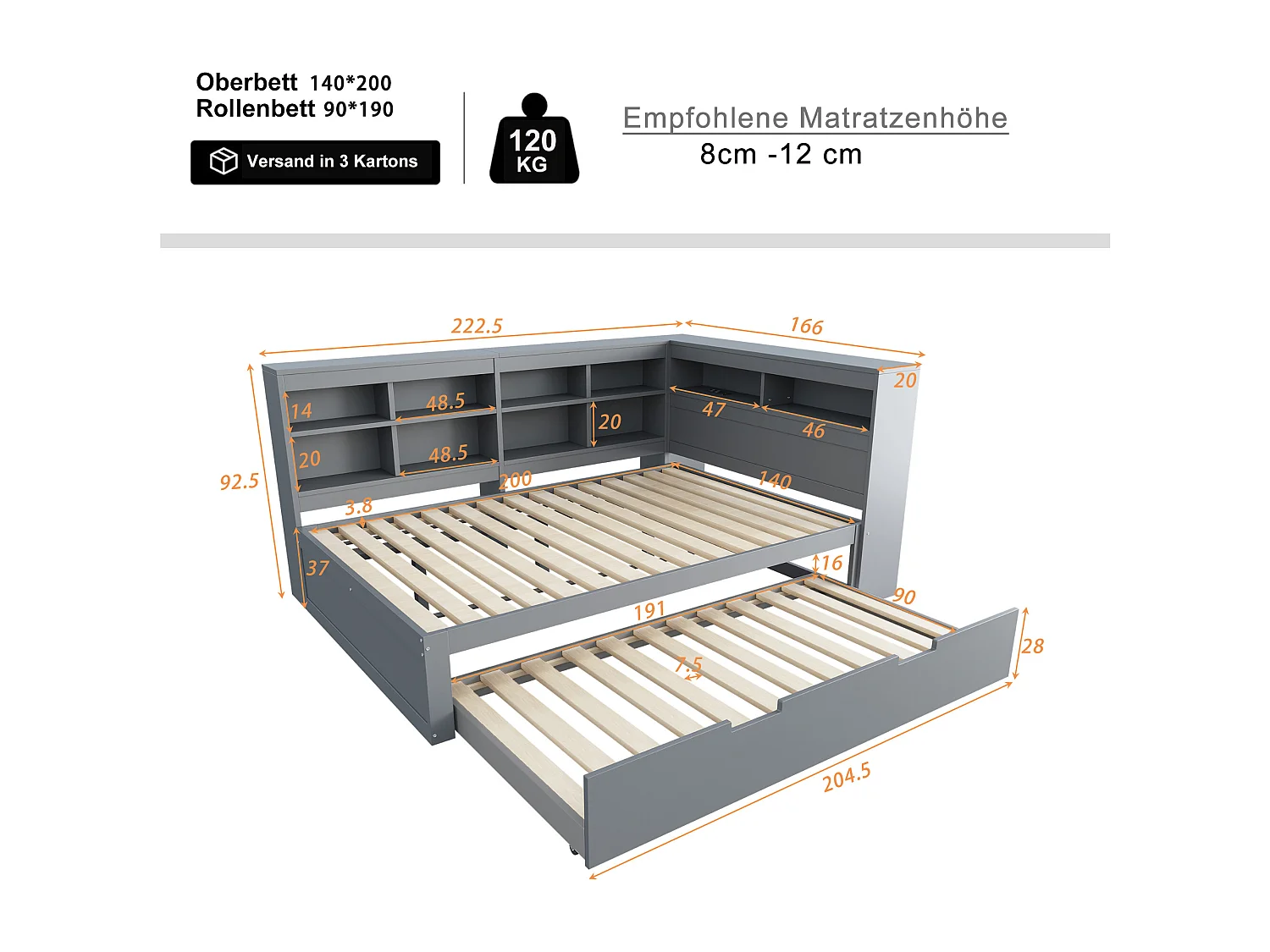 Divano letto estensibile 140x200 cm con letto estraibile 90x190, porta USB e molteplici vani portaoggetti – Letto matrimoniale multifunzionale, pratico ed elegante