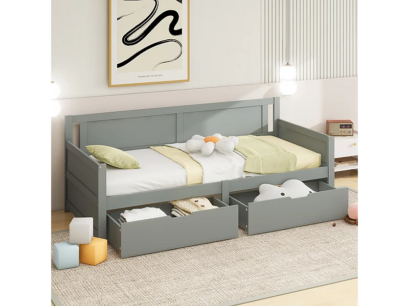 Canapé-lit 90x200 cm gris en bois massif avec 2 compartiments de rangement – lit pour enfants et adolescents, solide et pratique
