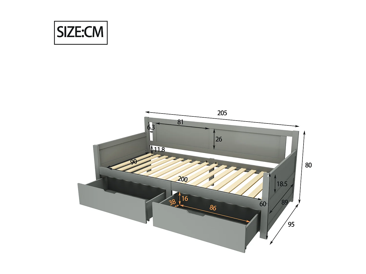 Canapé-lit 90x200 cm gris en bois massif avec 2 compartiments de rangement – lit pour enfants et adolescents, solide et pratique