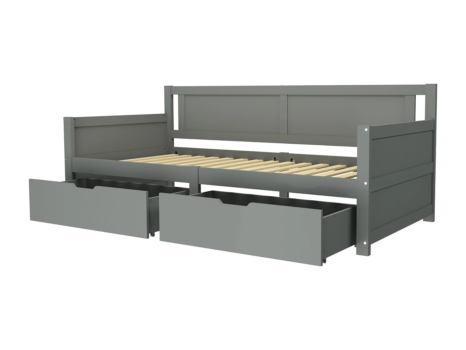 Canapé-lit 90x200 cm gris en bois massif avec 2 compartiments de rangement – lit pour enfants et adolescents, solide et pratique