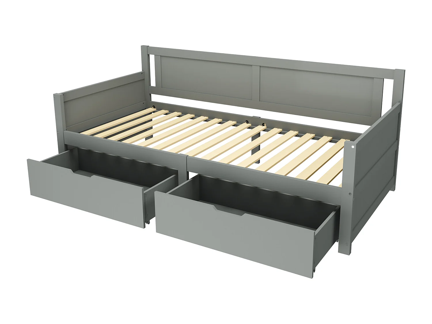 Canapé-lit 90x200 cm gris en bois massif avec 2 compartiments de rangement – lit pour enfants et adolescents, solide et pratique