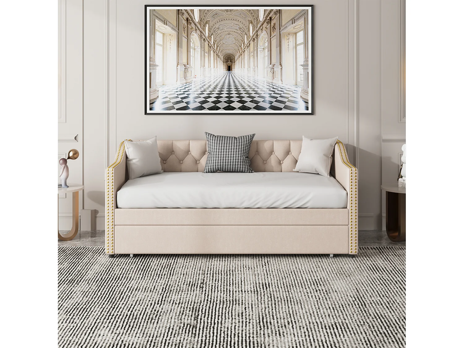 Lit rembourré, lit enfant 90x200, canapé-lit extensible, beige, tissu lin résistant, lit junior, lit enfant, lit d'appoint