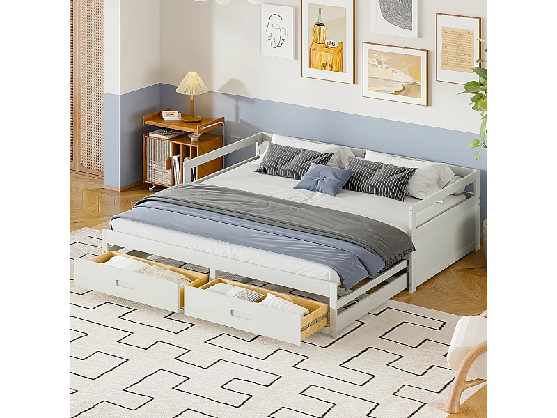 Sofá cama extensible de 90/180x200 cm en pino blanco con cajones y somier de láminas – Cama con práctico espacio de almacenaje y confort óptimo