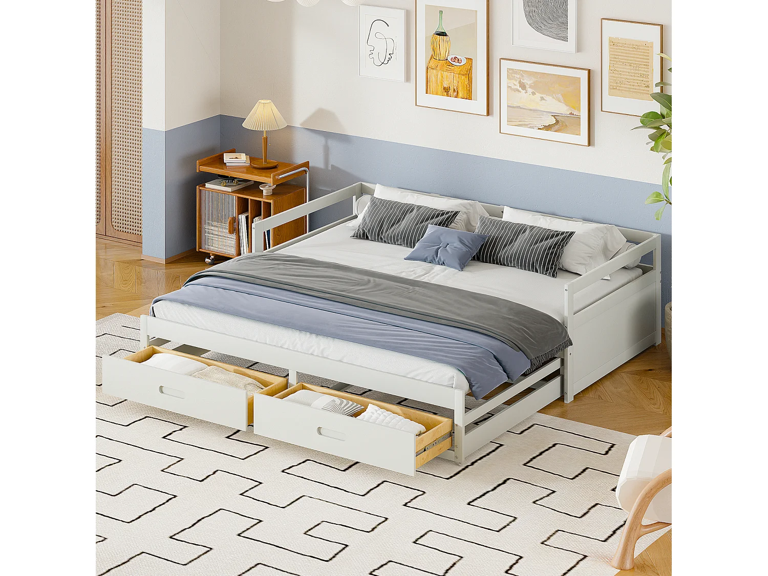 Sofá cama extensible de 90/180x200 cm en pino blanco con cajones y somier de láminas – Cama con práctico espacio de almacenaje y confort óptimo