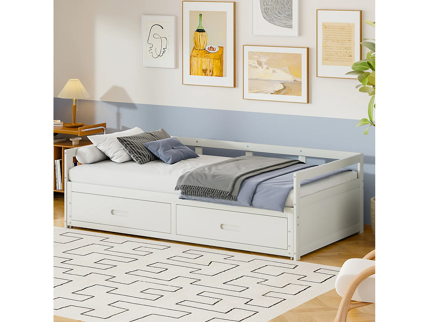 Sofá cama extensible de 90/180x200 cm en pino blanco con cajones y somier de láminas – Cama con práctico espacio de almacenaje y confort óptimo