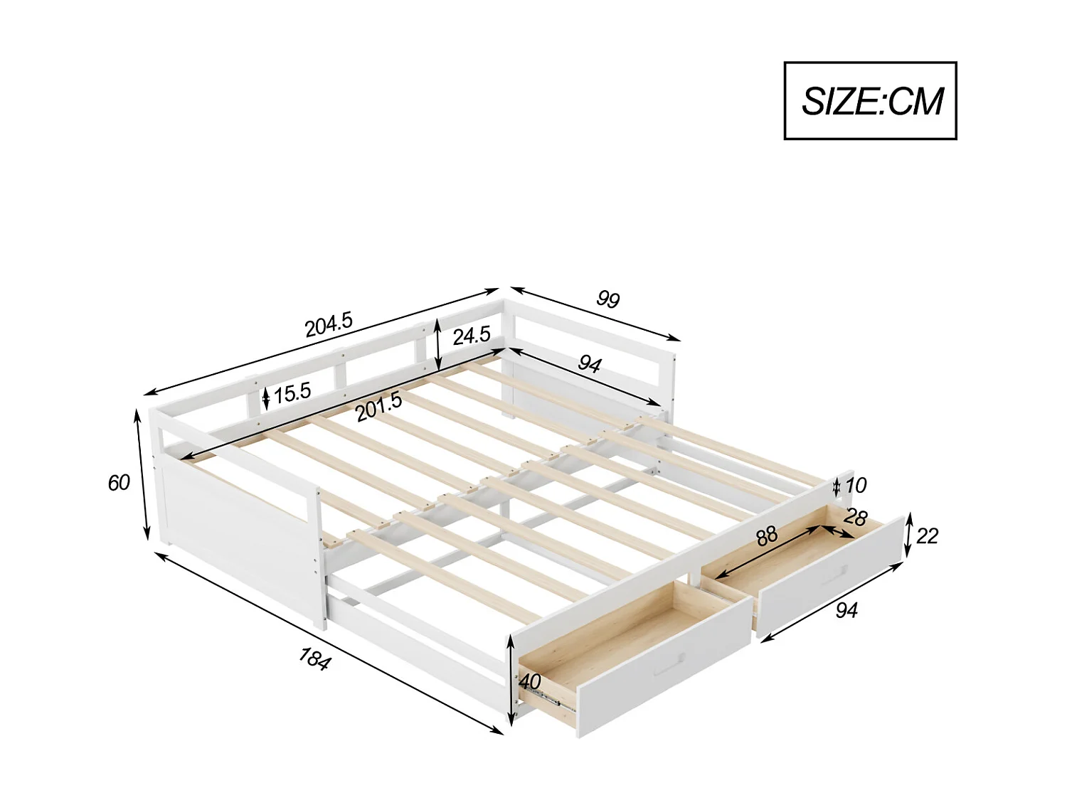 Sofá cama extensible de 90/180x200 cm en pino blanco con cajones y somier de láminas – Cama con práctico espacio de almacenaje y confort óptimo