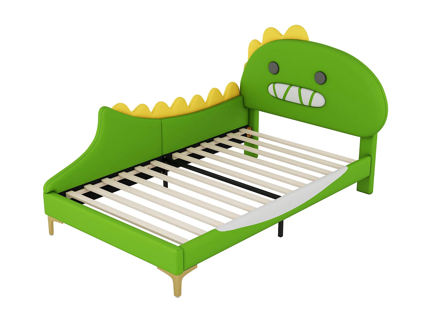 Kinderbed 90x200 cm in cartoon dinosaurusvorm, vlak bed in PU-kunstleer, speels en comfortabel design, groen