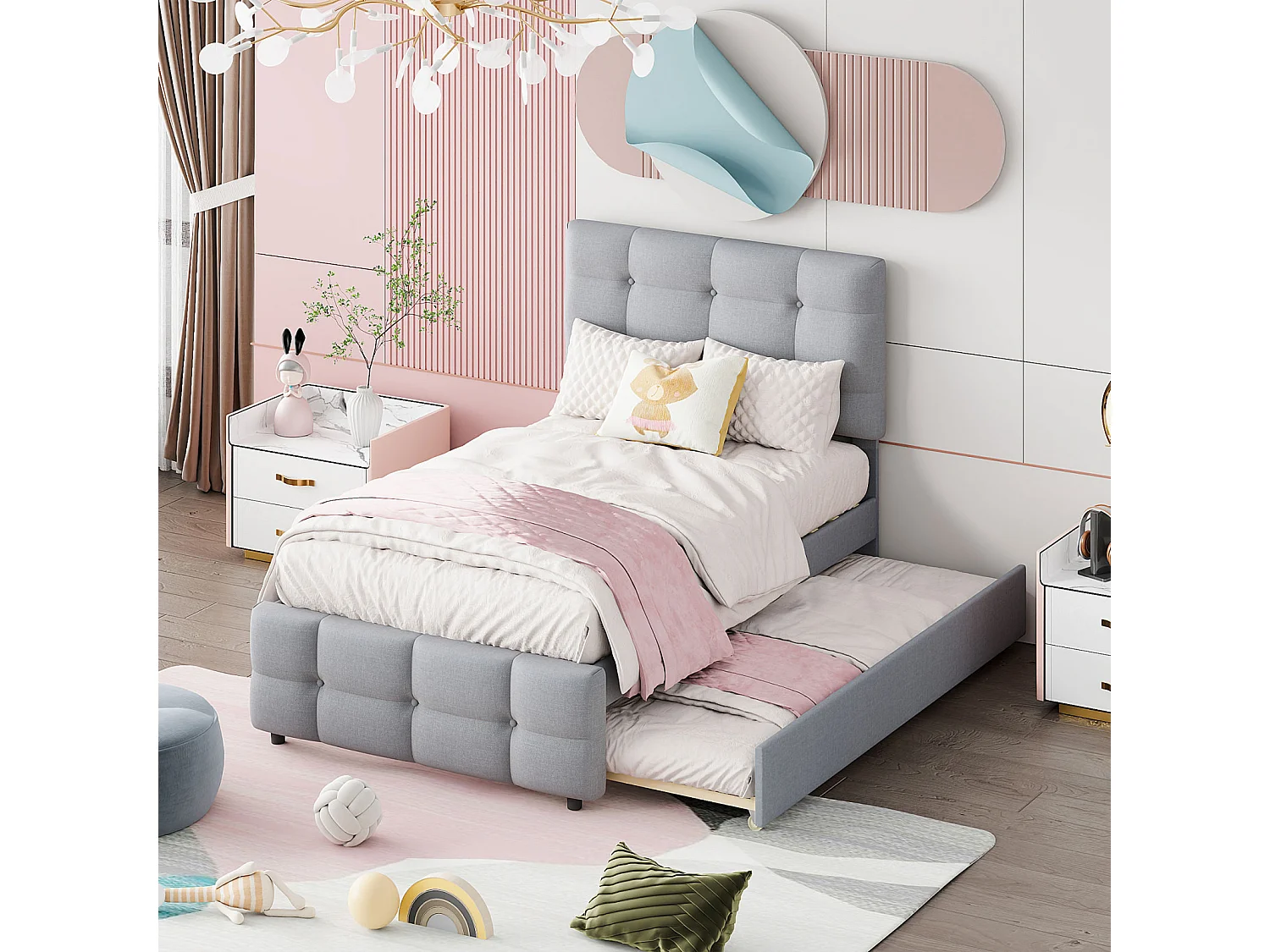 Letto imbottito per bambini 90x200 cm grigio, letto estraibile con testiera regolabile, rivestimento in morbido lino, letto singolo multifunzionale