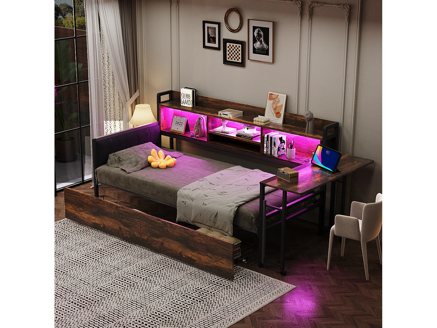 Divano letto 90x200 cm color legno con illuminazione a LED, cassetti, contenitore, presa multifunzione e scrivania ribaltabile, schienale comodo