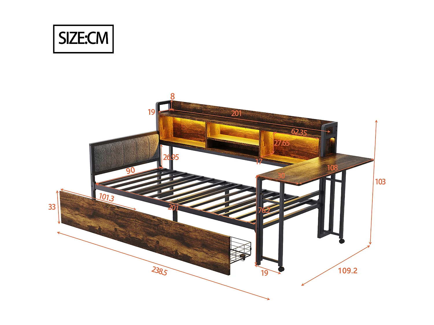 Divano letto 90x200 cm color legno con illuminazione a LED, cassetti, contenitore, presa multifunzione e scrivania ribaltabile, schienale comodo
