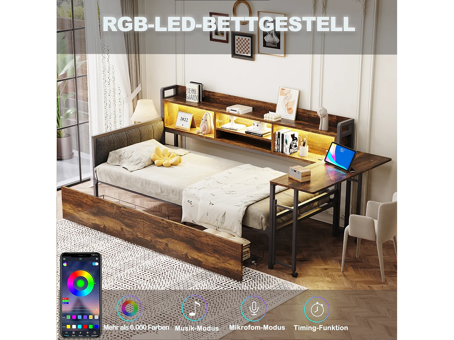 Divano letto 90x200 cm color legno con illuminazione a LED, cassetti, contenitore, presa multifunzione e scrivania ribaltabile, schienale comodo