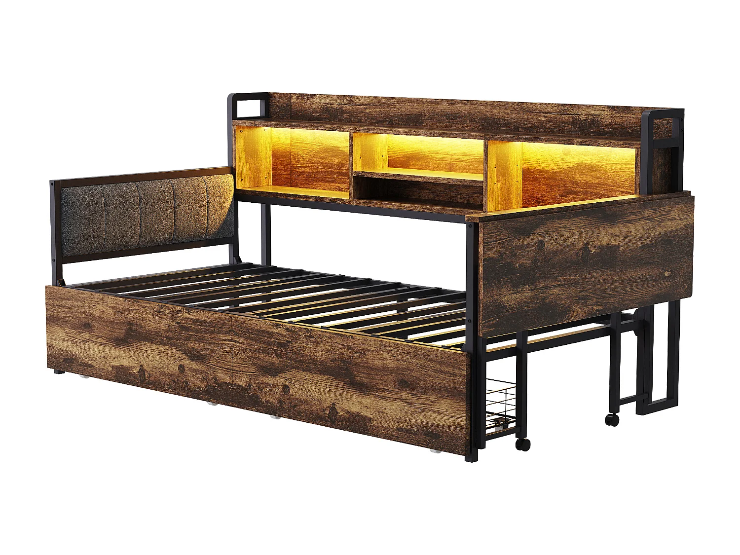 Divano letto 90x200 cm color legno con illuminazione a LED, cassetti, contenitore, presa multifunzione e scrivania ribaltabile, schienale comodo