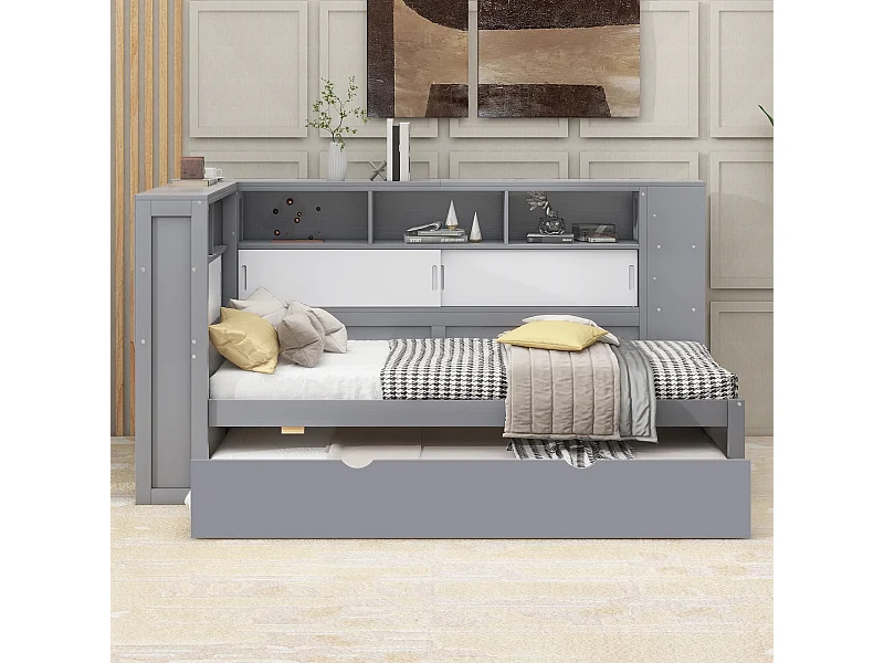 Lit de jour/canapé-lit 90x200 cm en panneaux de particules gris avec lit gigogne, coffre de rangement et port USB – sans matelas