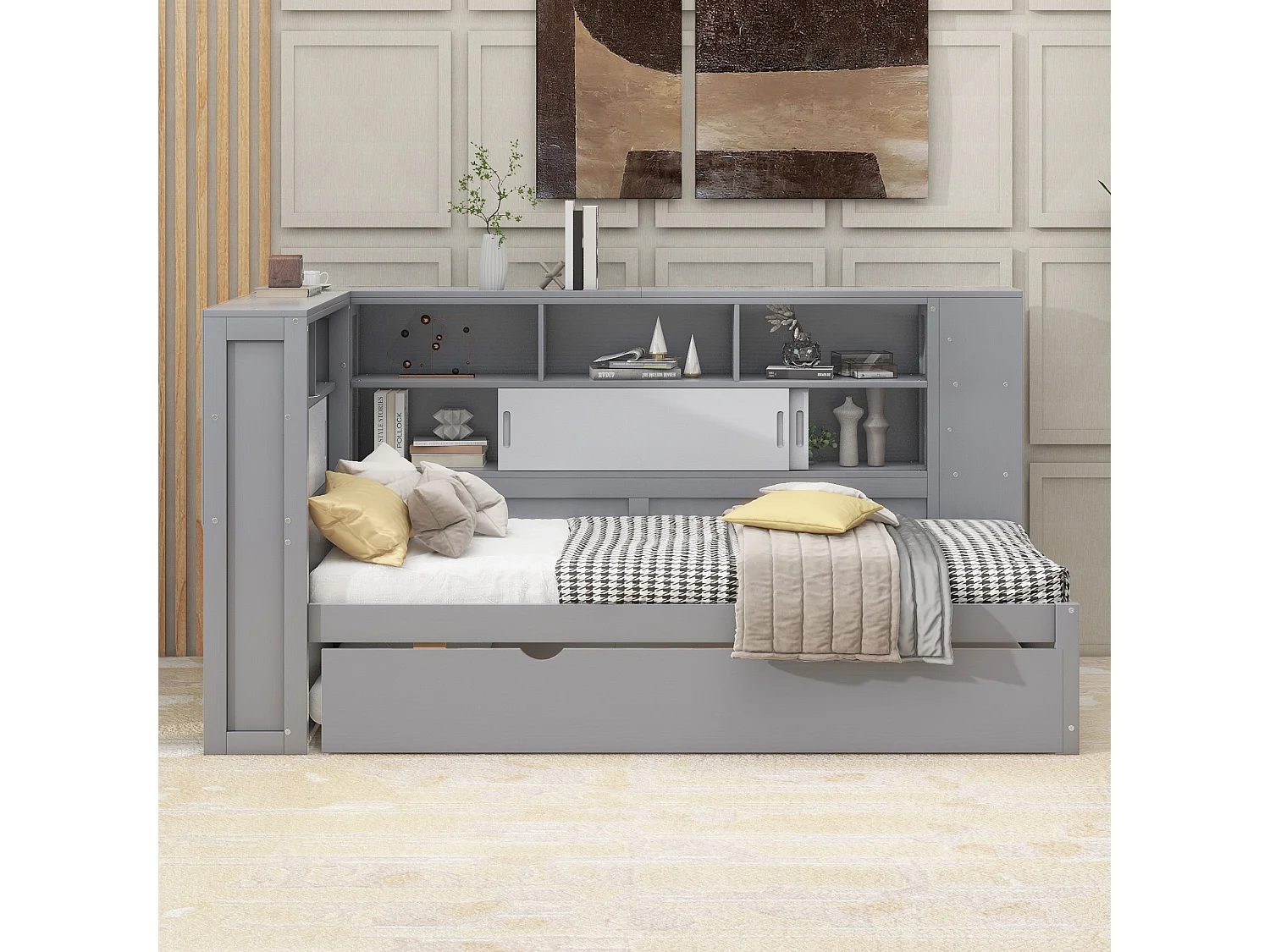 Lit de jour/canapé-lit 90x200 cm en panneaux de particules gris avec lit gigogne, coffre de rangement et port USB – sans matelas