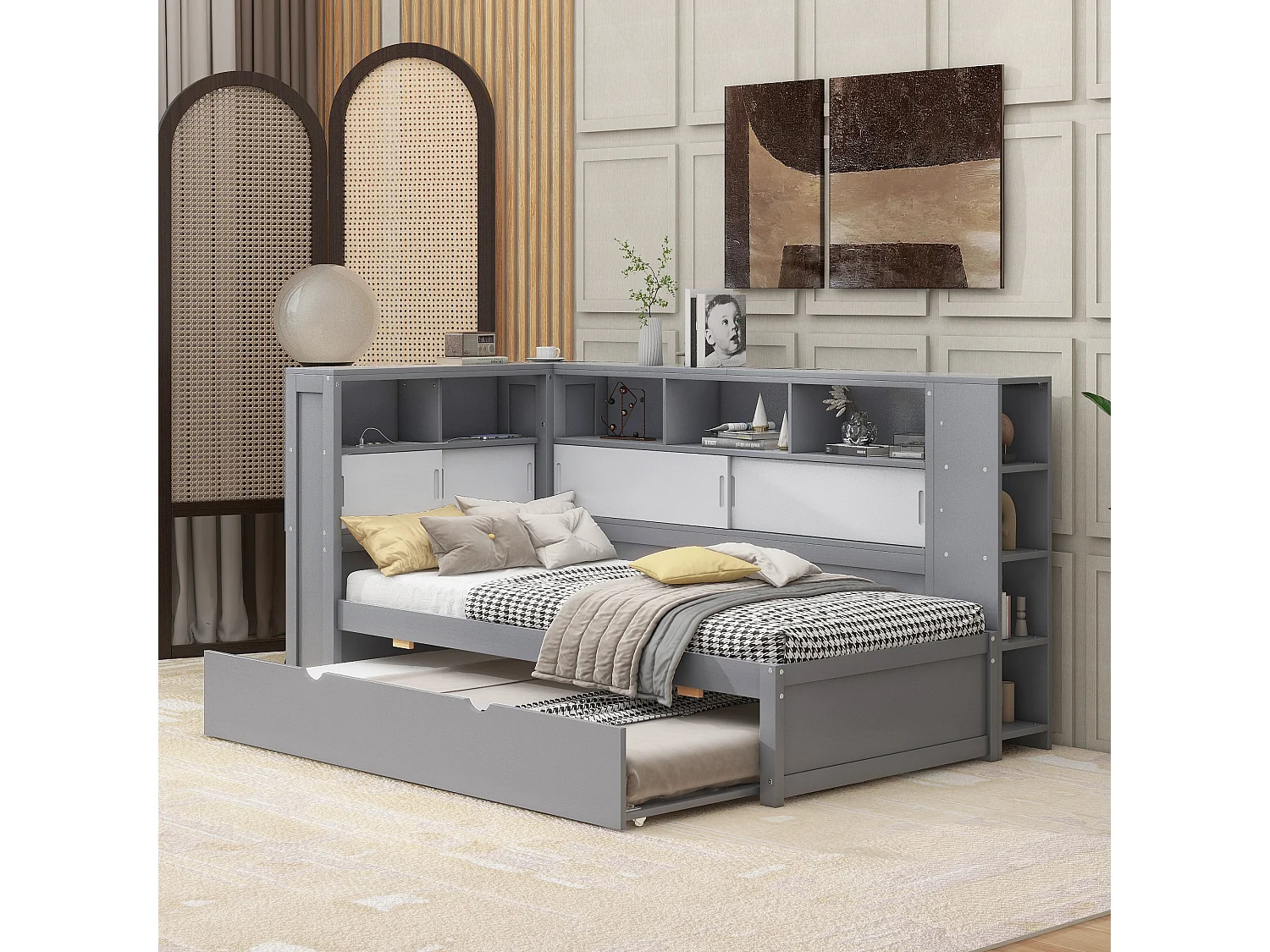 Lit de jour/canapé-lit 90x200 cm en panneaux de particules gris avec lit gigogne, coffre de rangement et port USB – sans matelas