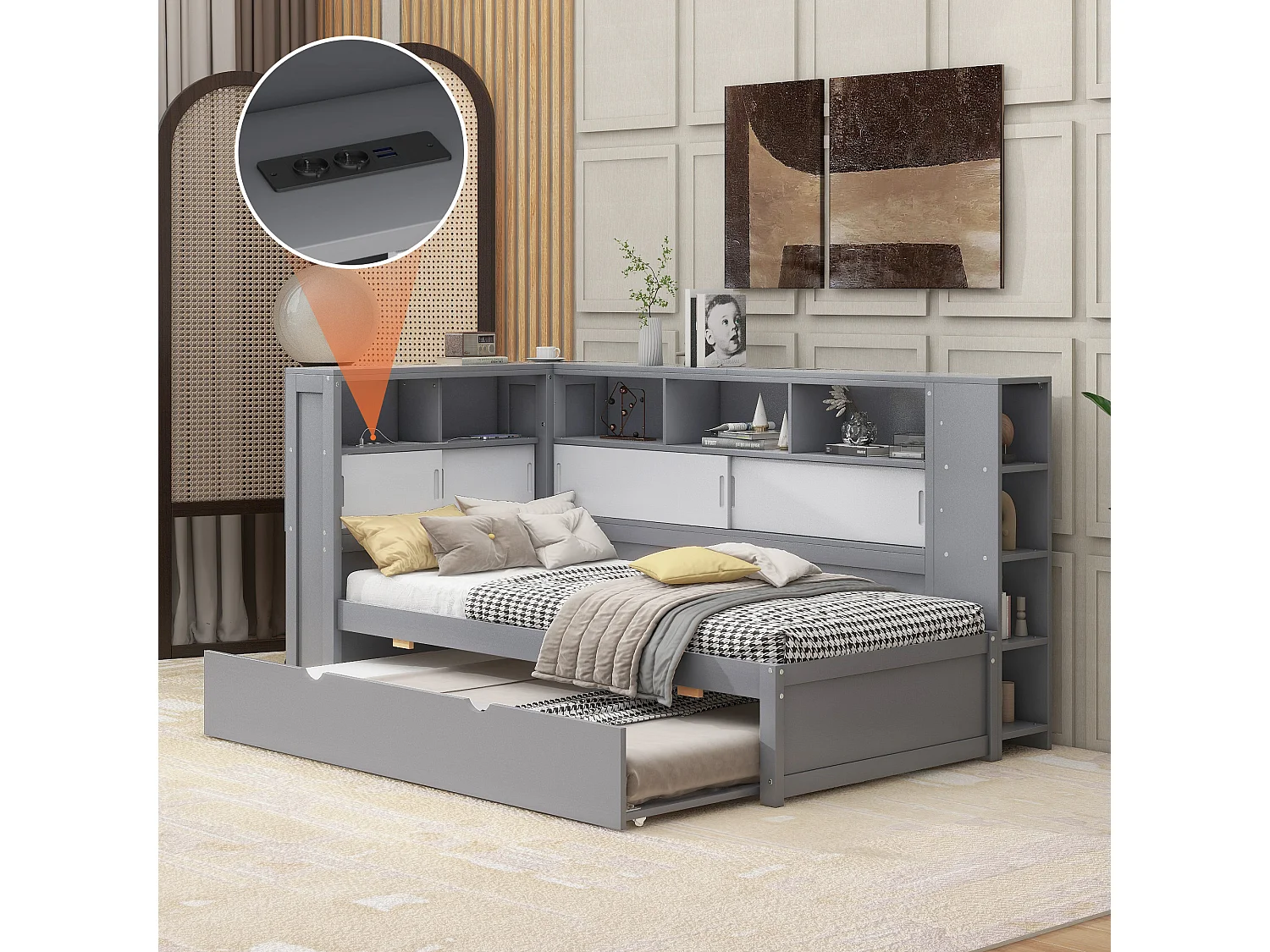 Lit de jour/canapé-lit 90x200 cm en panneaux de particules gris avec lit gigogne, coffre de rangement et port USB – sans matelas