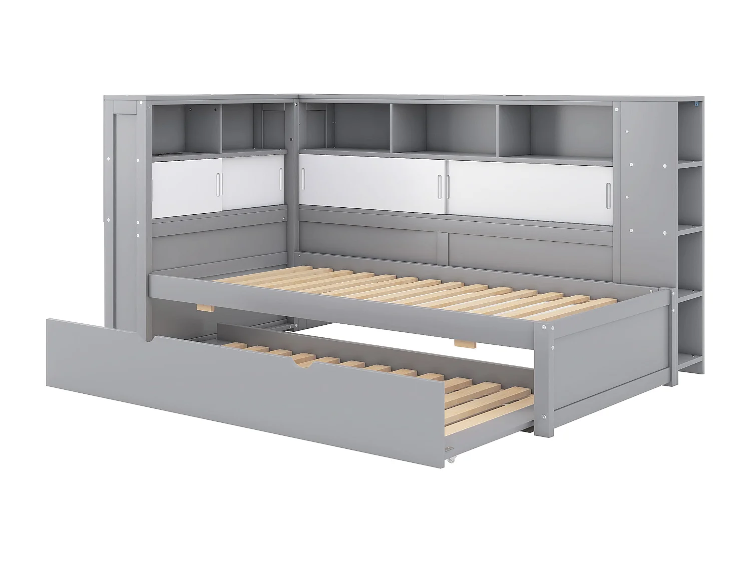 Lit de jour/canapé-lit 90x200 cm en panneaux de particules gris avec lit gigogne, coffre de rangement et port USB – sans matelas