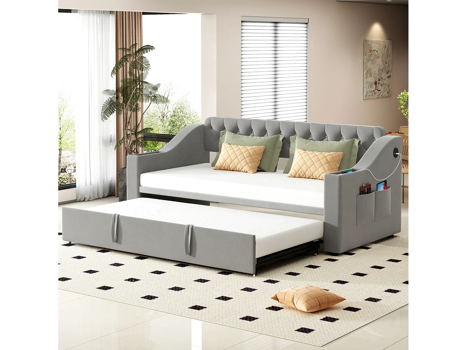 Canapé-lit extensible 90/180x190cm en velours gris avec USB, rangements et poches latérales, Design pratique et moderne