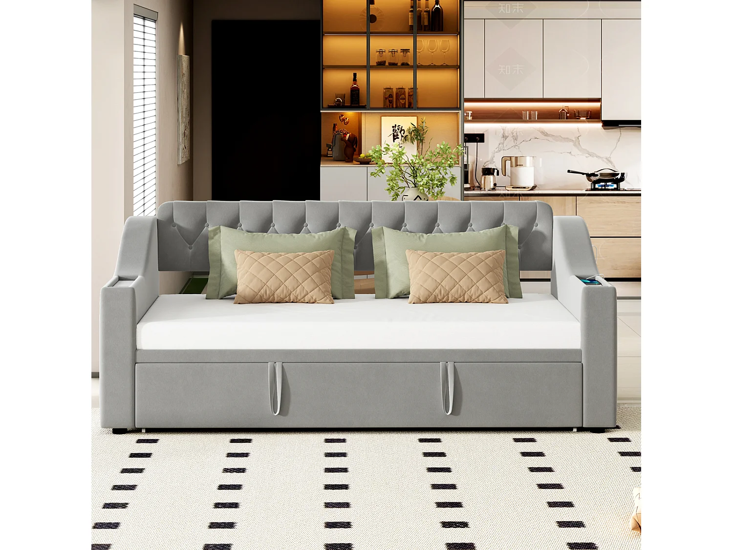 Canapé-lit extensible 90/180x190cm en velours gris avec USB, rangements et poches latérales, Design pratique et moderne