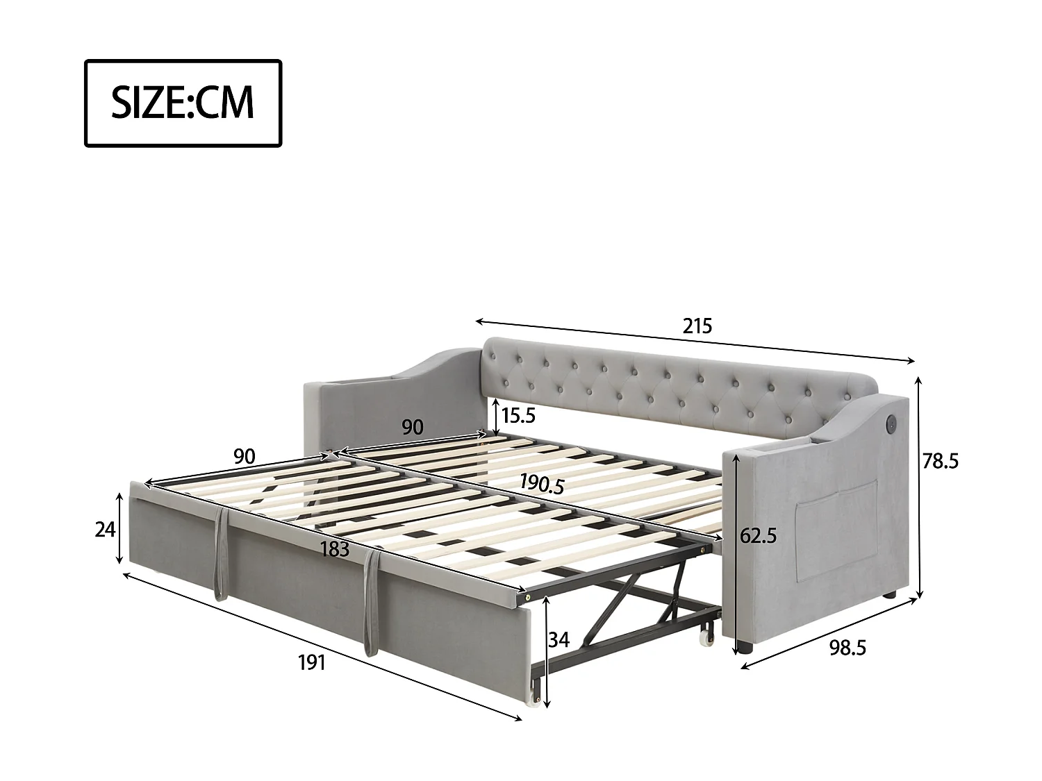Canapé-lit extensible 90/180x190cm en velours gris avec USB, rangements et poches latérales, Design pratique et moderne