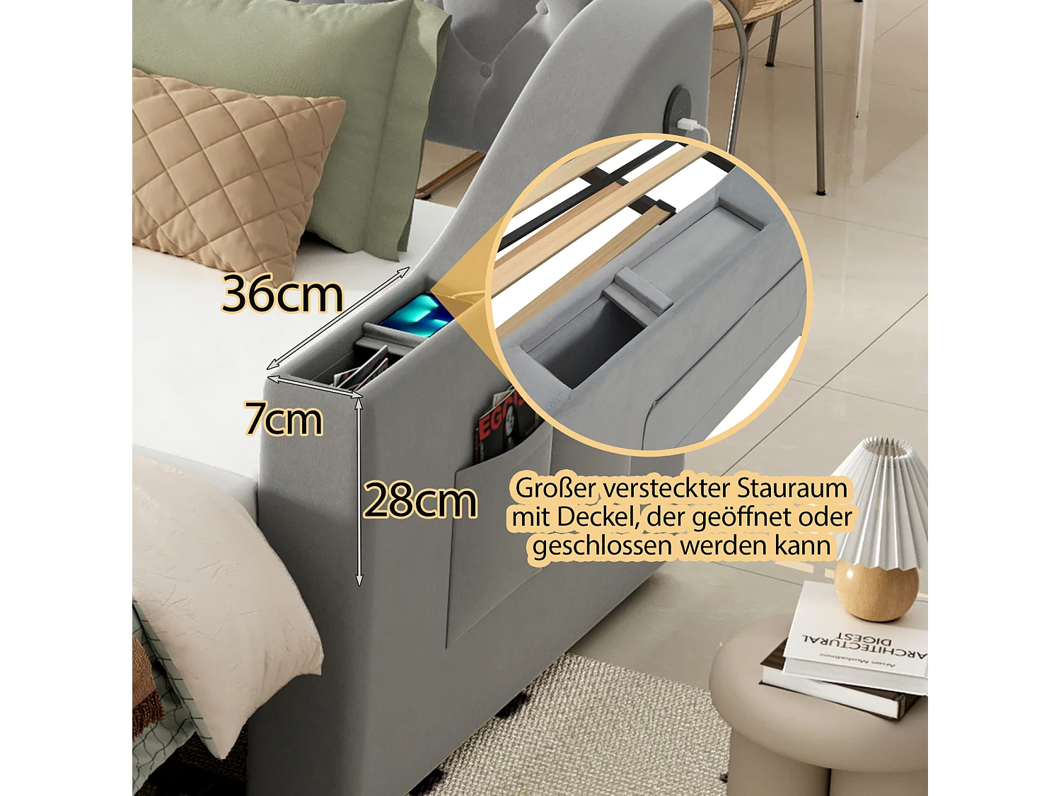 Canapé-lit extensible 90/180x190cm en velours gris avec USB, rangements et poches latérales, Design pratique et moderne