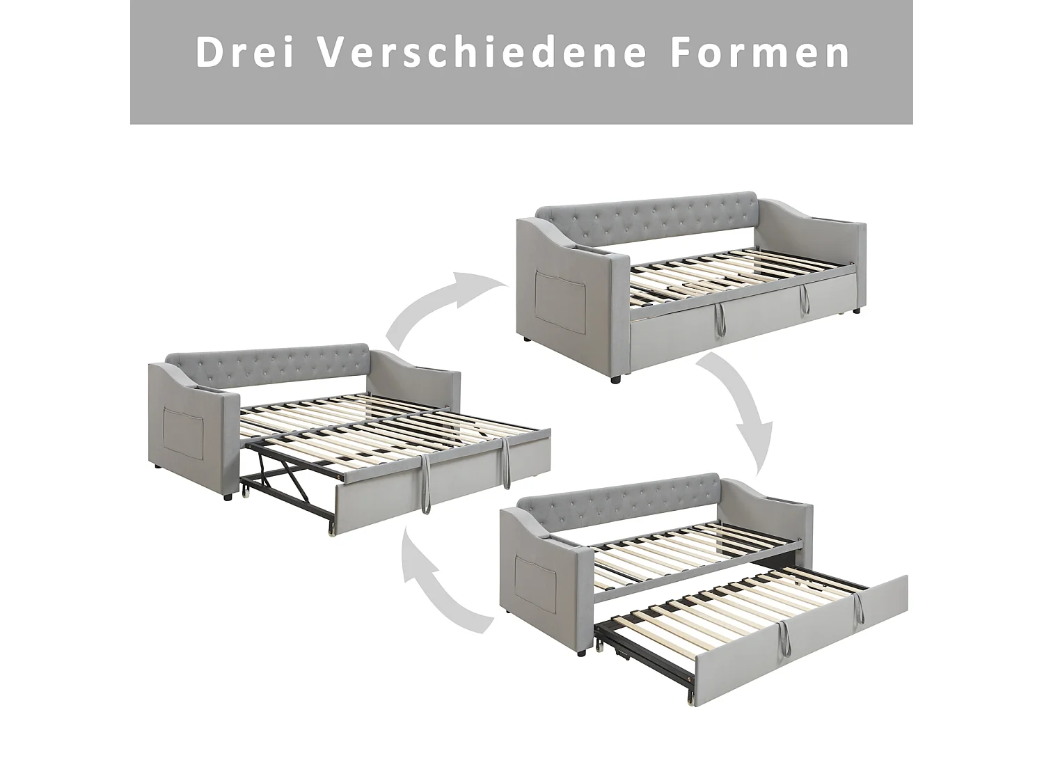 Canapé-lit extensible 90/180x190cm en velours gris avec USB, rangements et poches latérales, Design pratique et moderne