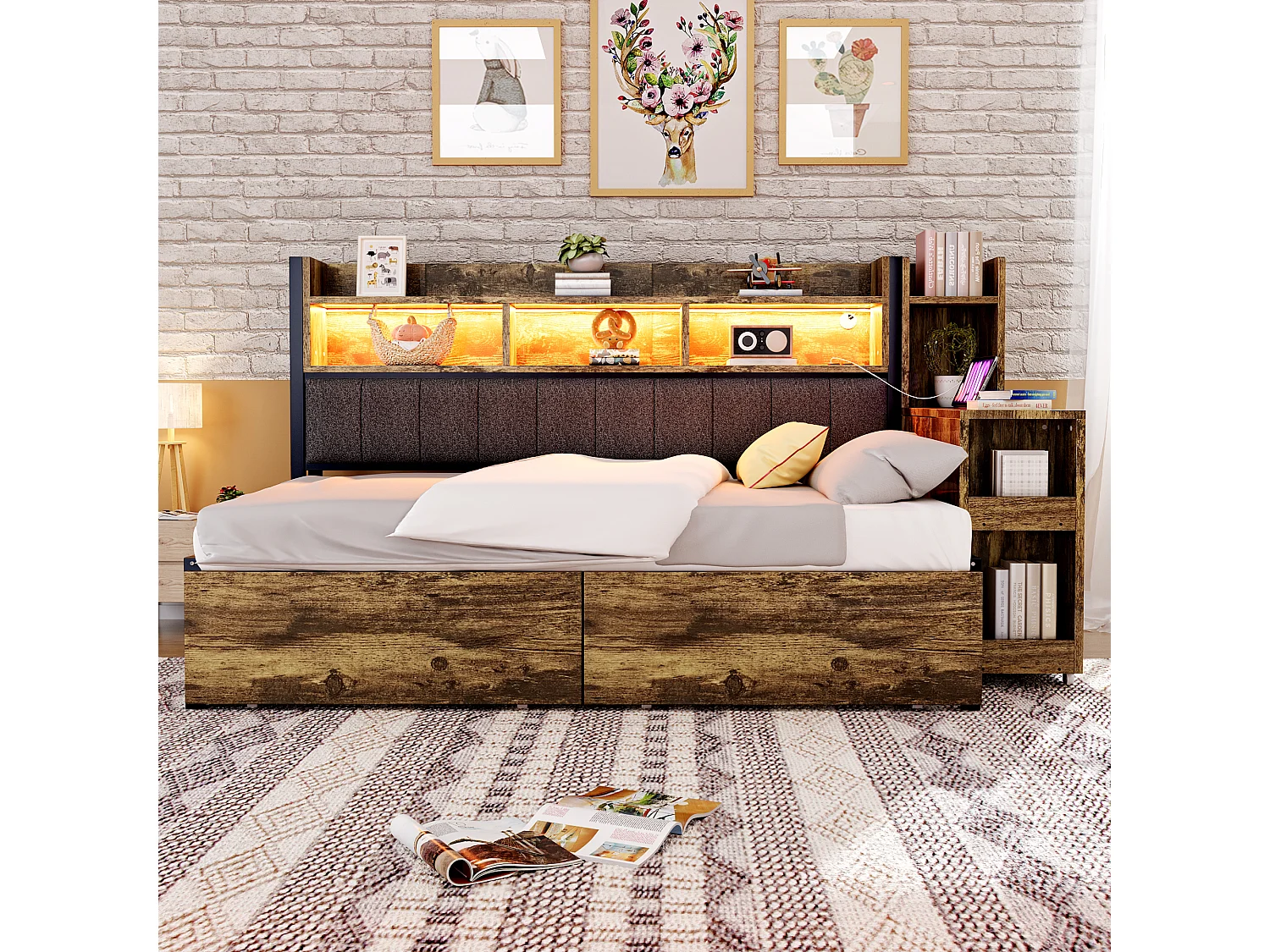 Canapé-lit 90x200 cm en métal couleur bois avec tiroirs, prises multifonctions, LED et bureau escamotable – lit pratique et complet