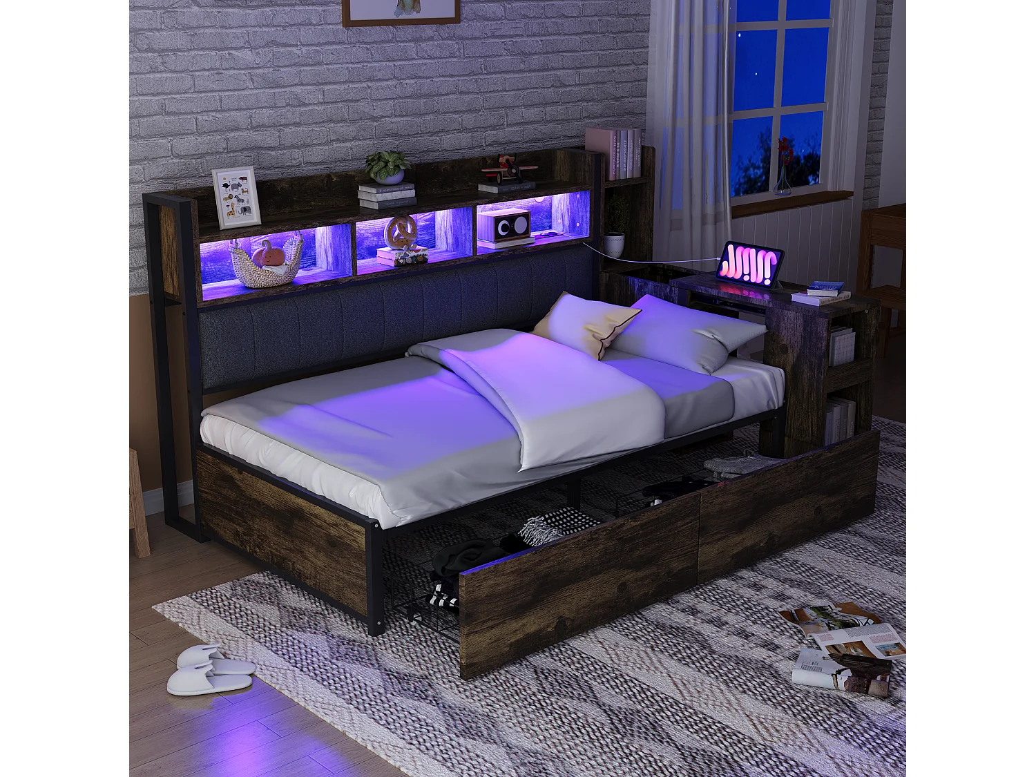 Canapé-lit 90x200 cm en métal couleur bois avec tiroirs, prises multifonctions, LED et bureau escamotable – lit pratique et complet