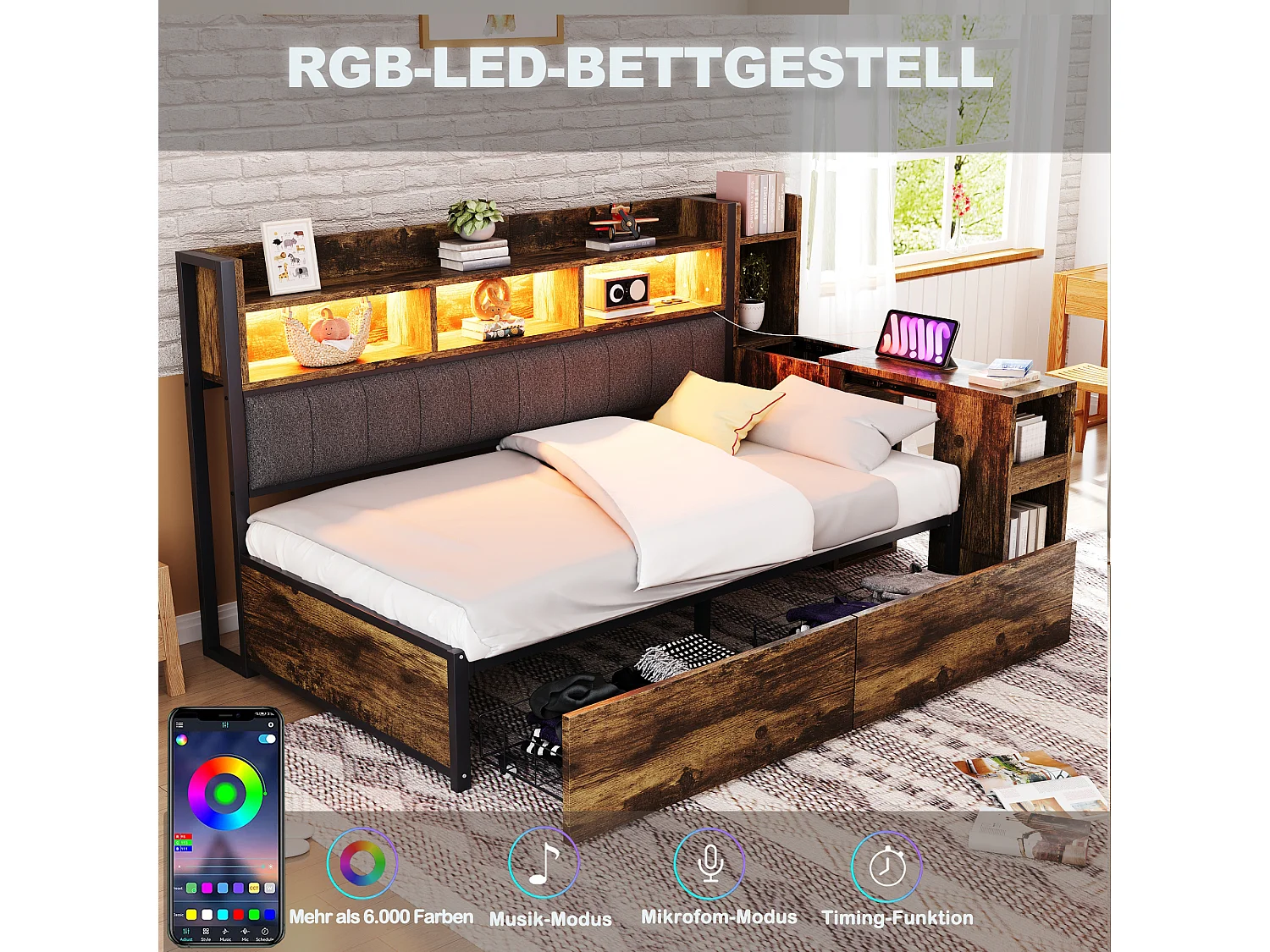 Canapé-lit 90x200 cm en métal couleur bois avec tiroirs, prises multifonctions, LED et bureau escamotable – lit pratique et complet