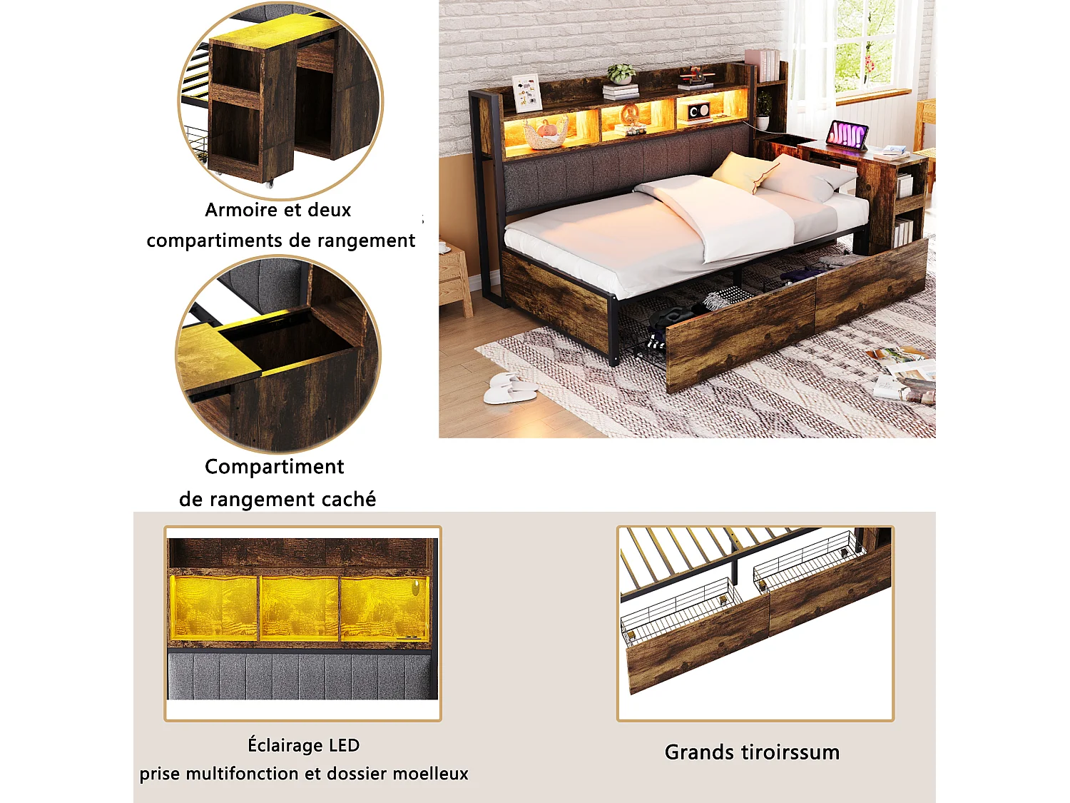 Canapé-lit 90x200 cm en métal couleur bois avec tiroirs, prises multifonctions, LED et bureau escamotable – lit pratique et complet