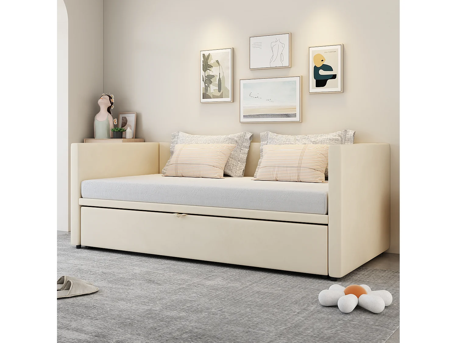 Sofá cama extensible de 90/180x200 cm en terciopelo beige con somier de láminas: cama multifuncional cómoda y que ahorra espacio.