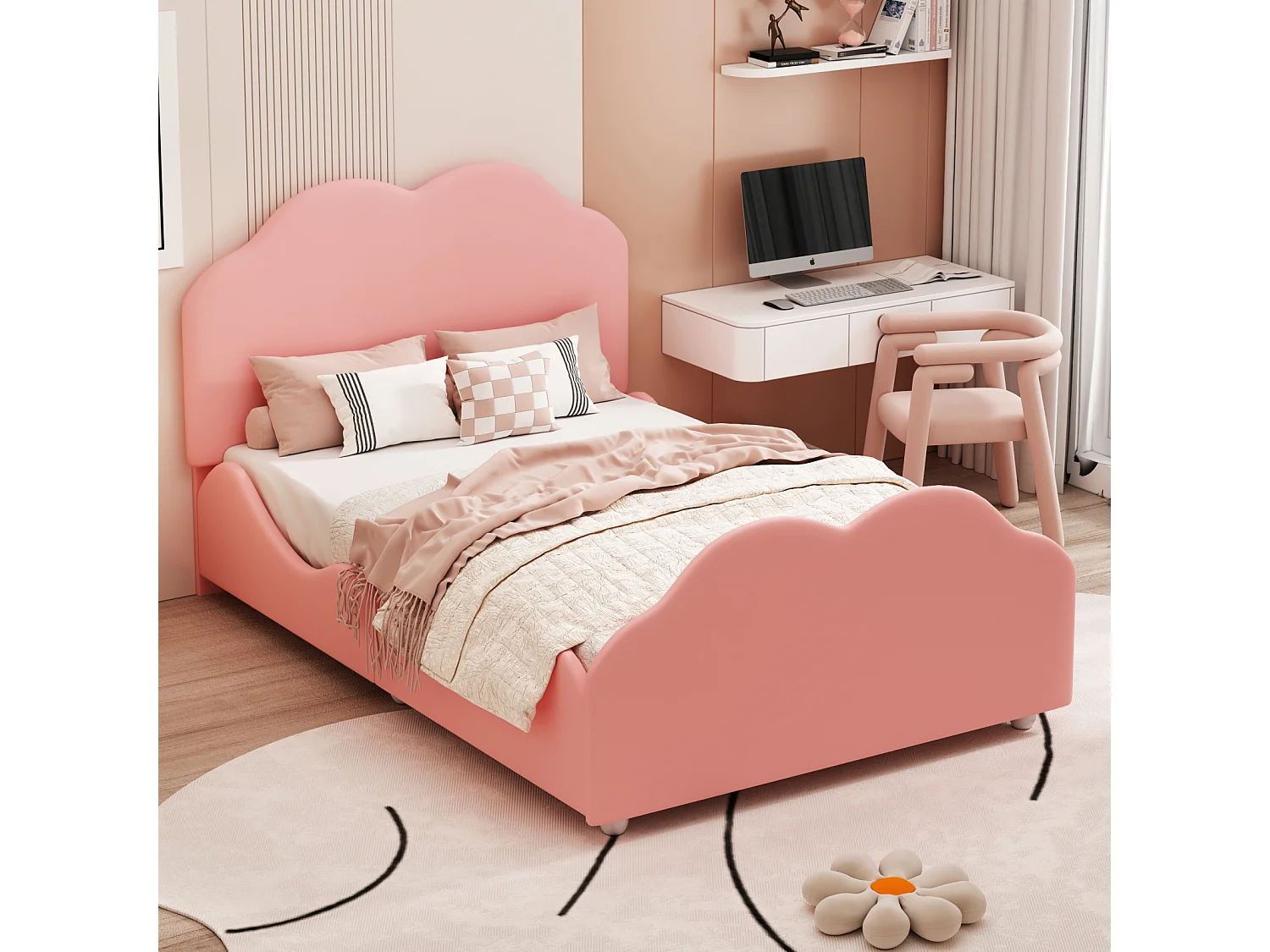 Lit enfant rembourré 90x200 cm en velours rose, tête et pied de lit en forme de nuage, cadre sécurisé avec barrière haute