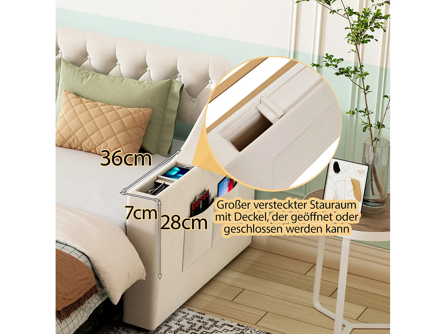 Canapé-lit 2 en 1 90/180x190 cm avec accoudoirs larges et épais, USB, rangement et poches, sommier inclus, beige