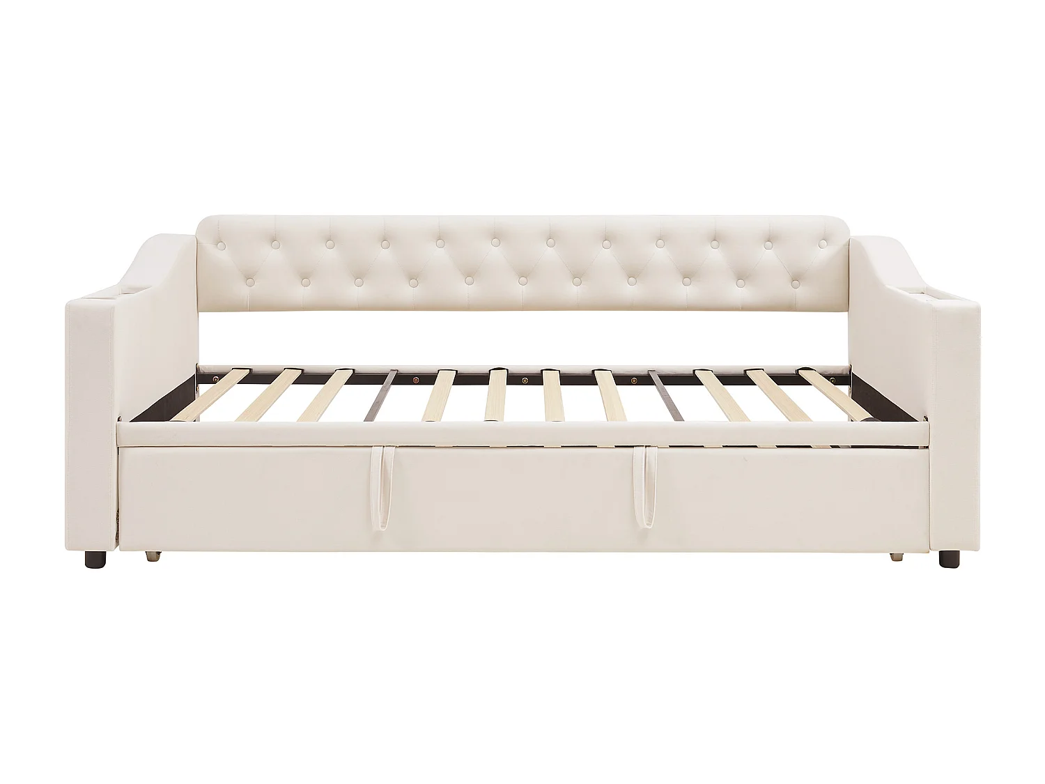 Canapé-lit 2 en 1 90/180x190 cm avec accoudoirs larges et épais, USB, rangement et poches, sommier inclus, beige