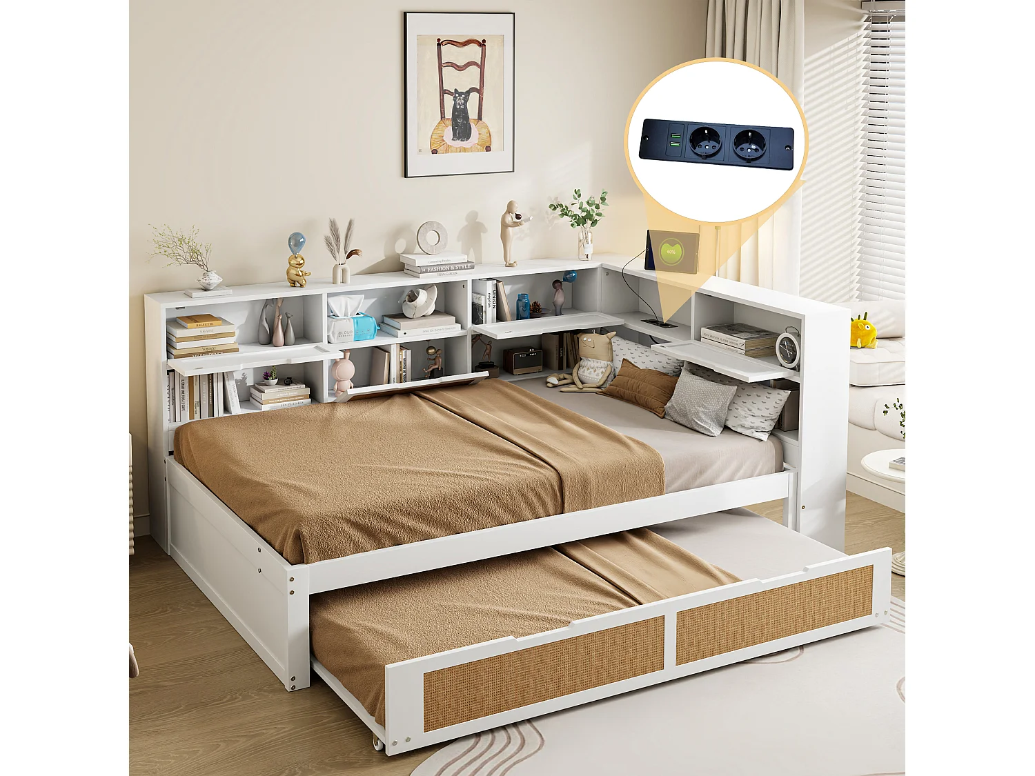 Witte houten slaapbank (140x200 cm) met uitschuifbaar bed, meerdere opbergvakken en oplaadpoort – multifunctioneel eenpersoonsbed