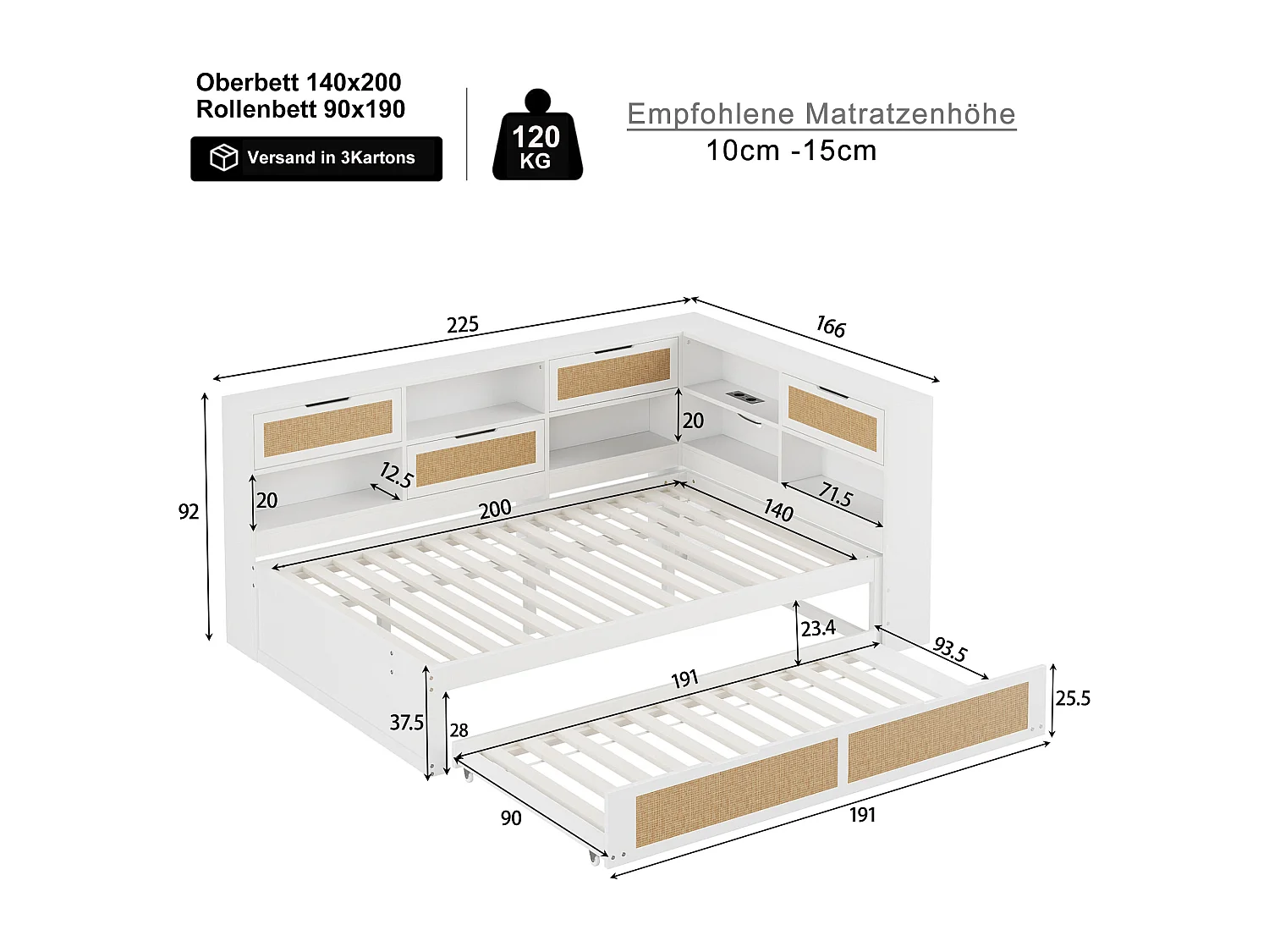 Witte houten slaapbank (140x200 cm) met uitschuifbaar bed, meerdere opbergvakken en oplaadpoort – multifunctioneel eenpersoonsbed
