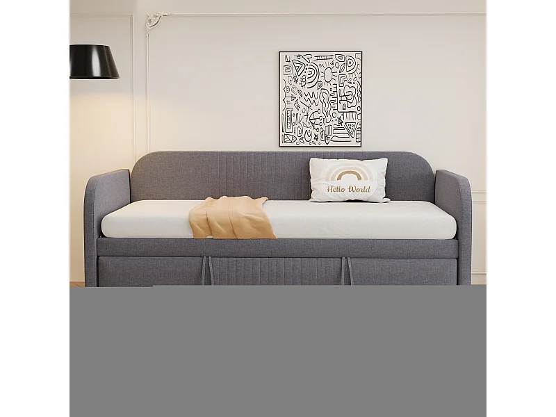 Lit banquette rembourré extensible 90/180x190 cm avec lattes, tissu lin respirant et confortable, gris (matelas non inclus)