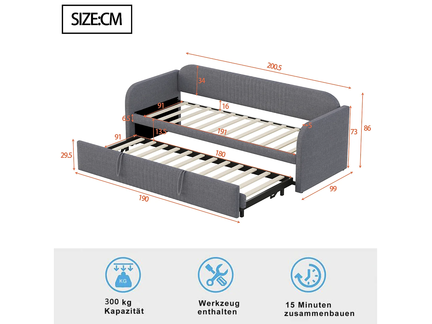 Lit banquette rembourré extensible 90/180x190 cm avec lattes, tissu lin respirant et confortable, gris (matelas non inclus)