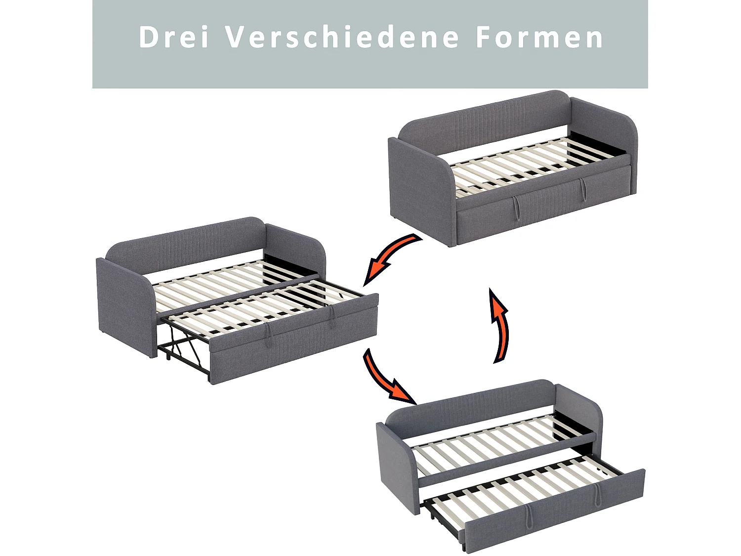Lit banquette rembourré extensible 90/180x190 cm avec lattes, tissu lin respirant et confortable, gris (matelas non inclus)