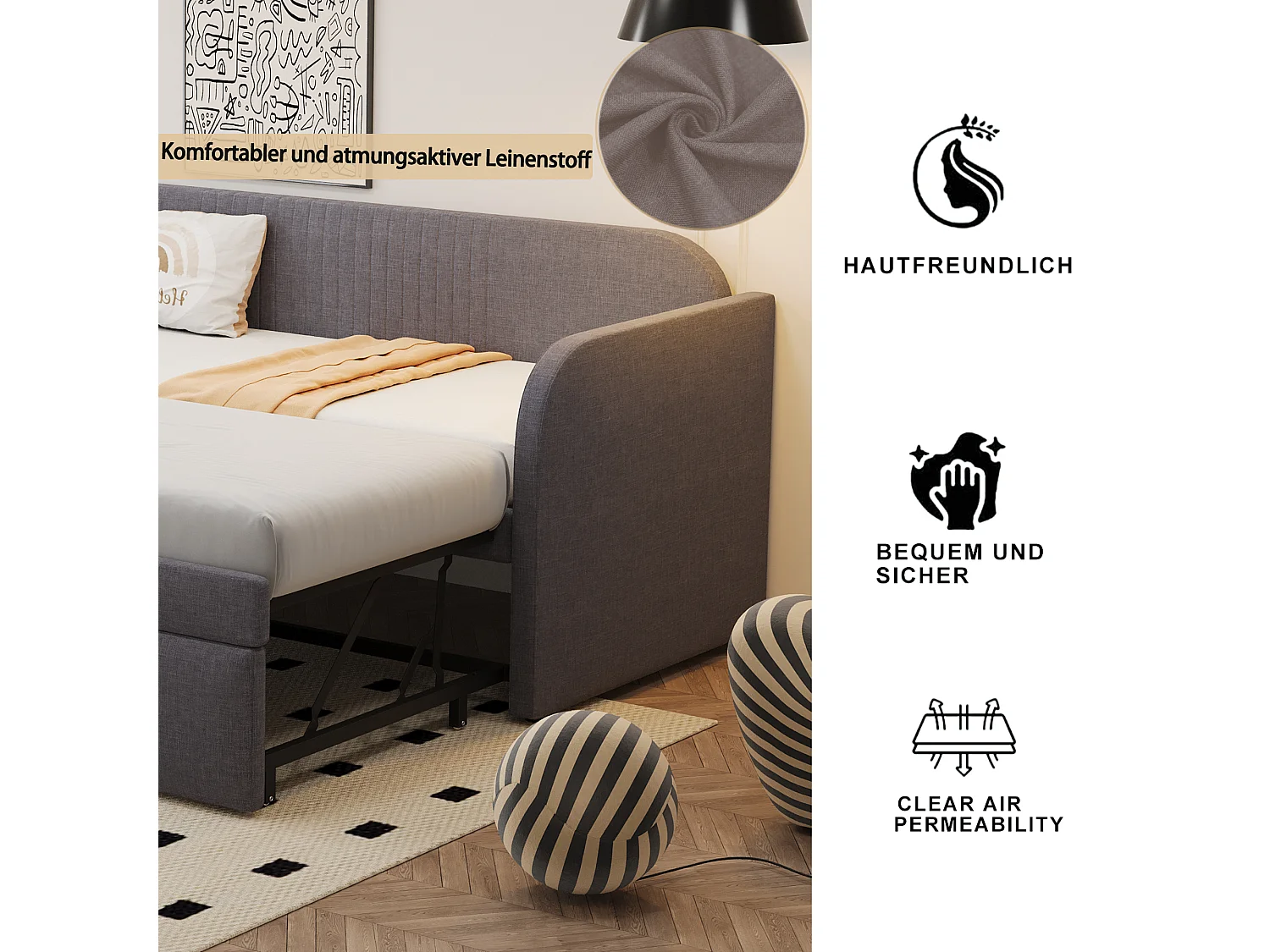 Lit banquette rembourré extensible 90/180x190 cm avec lattes, tissu lin respirant et confortable, gris (matelas non inclus)