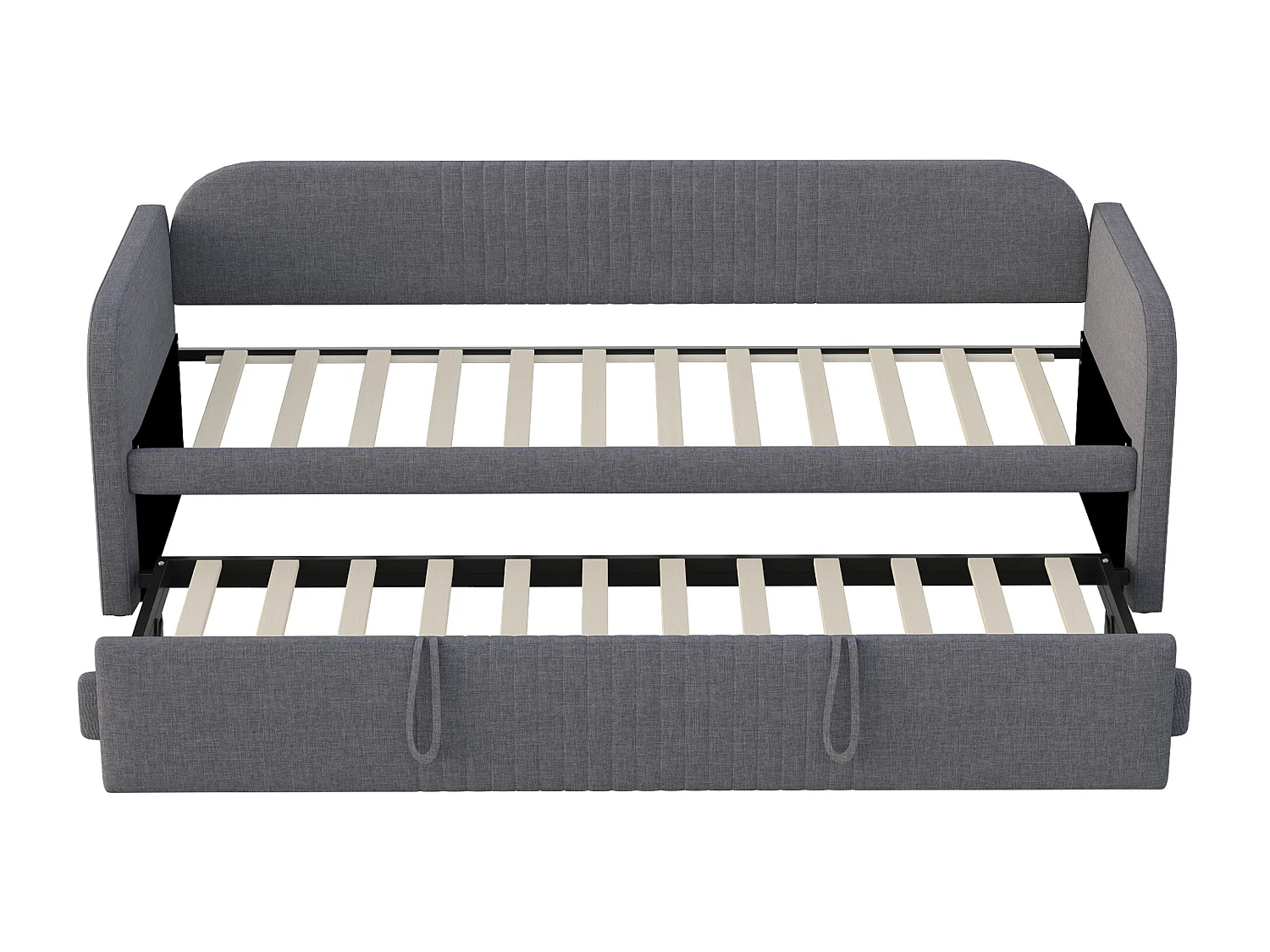 Lit banquette rembourré extensible 90/180x190 cm avec lattes, tissu lin respirant et confortable, gris (matelas non inclus)