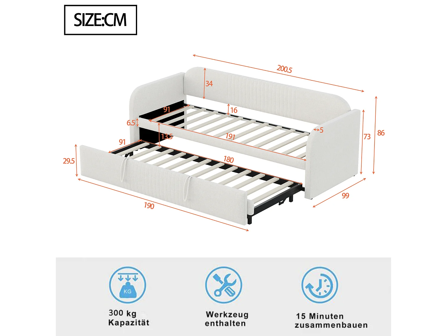 Canapé-lit extensible 90/180x190 cm beige en lin avec sommier à lattes – lit multifonction confortable, sans matelas