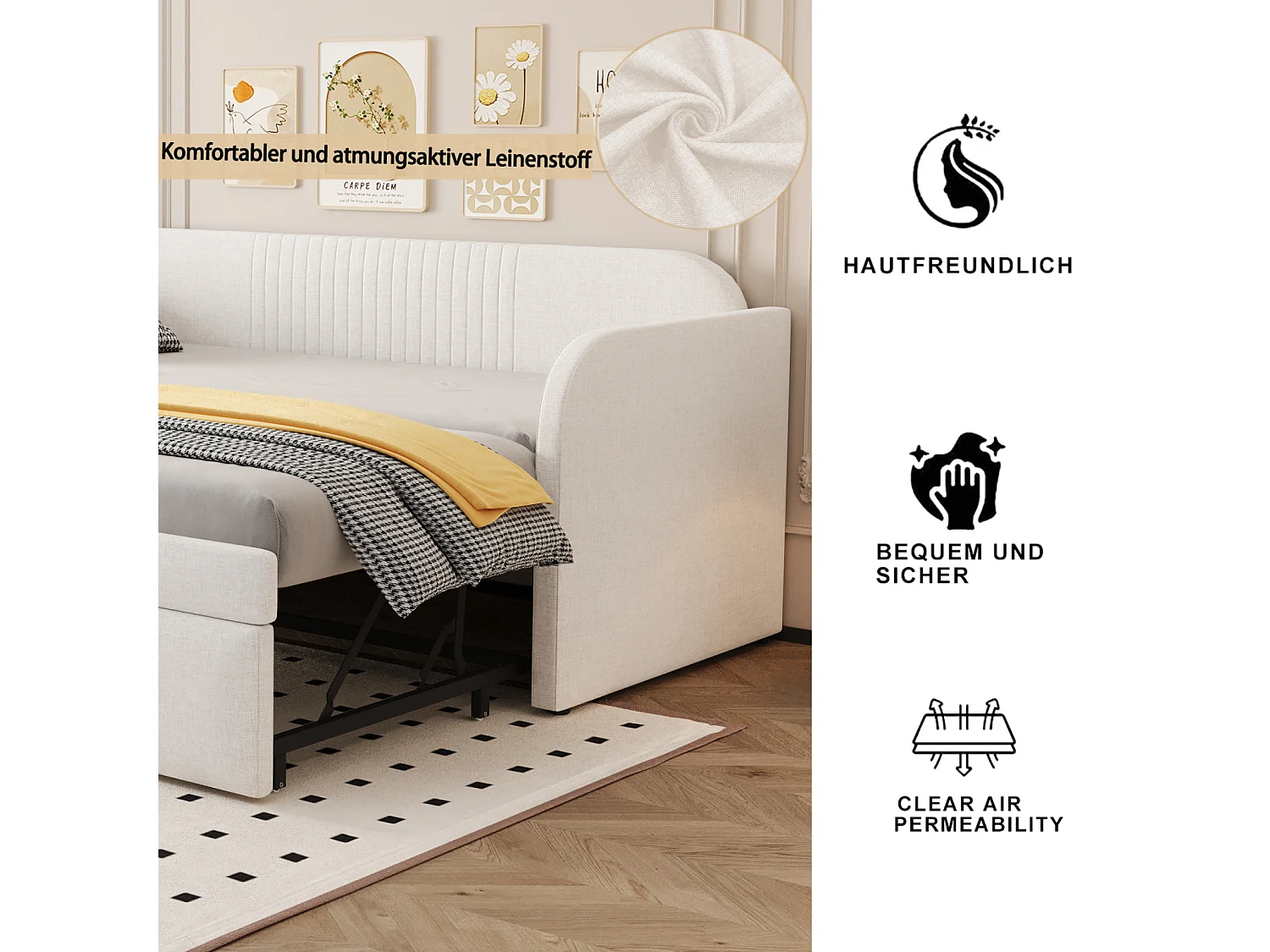 Canapé-lit extensible 90/180x190 cm beige en lin avec sommier à lattes – lit multifonction confortable, sans matelas