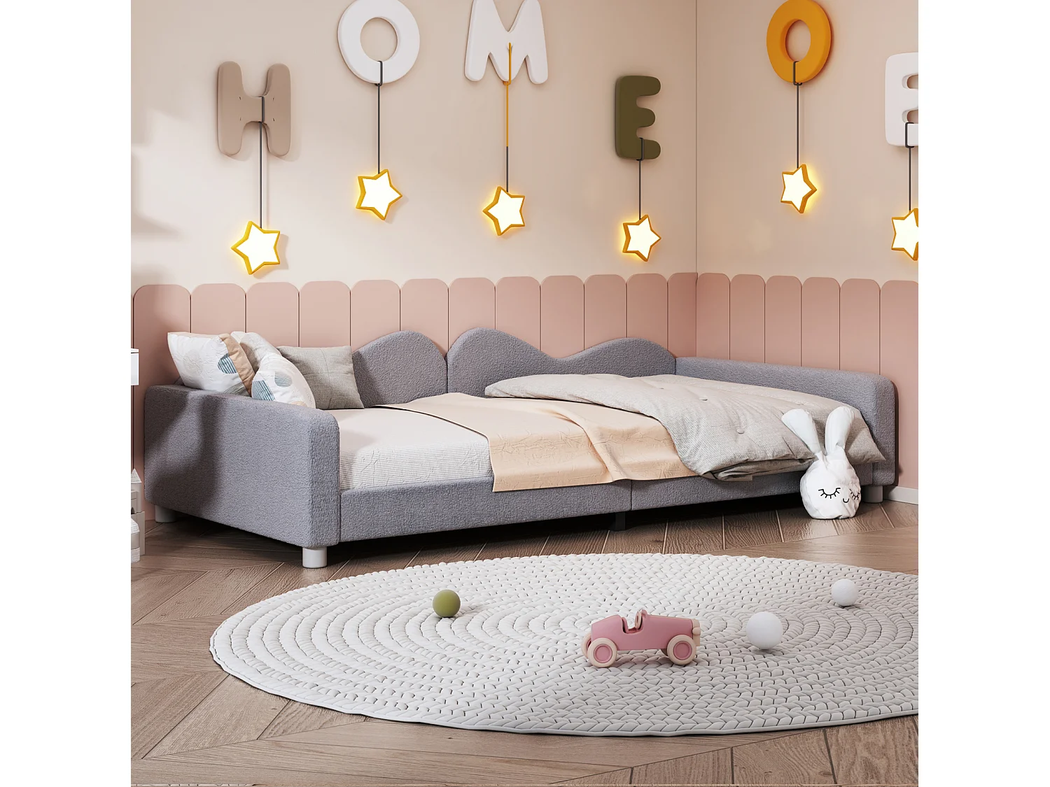 Cama infantil de 90x200 cm en terciopelo suave, sofá cama multifuncional con respaldo y reposabrazos, cómoda y moderna, gris