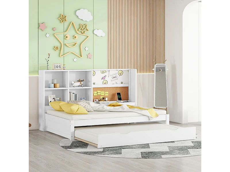 Canapé-lit 90x200 cm blanc avec lit gigogne, port USB, planche à dessin et rangements multiples – Lit pratique et multifonction